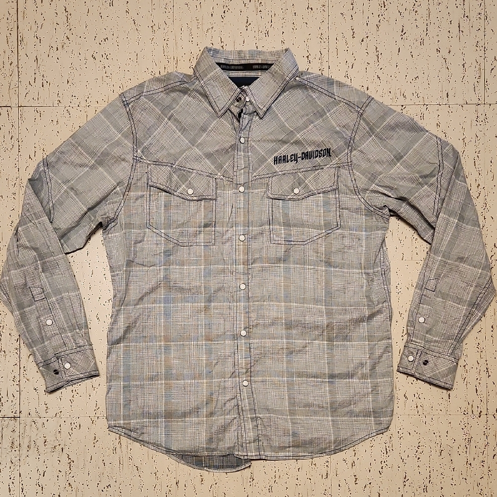 Harley-Davidson Gray Flannel Long Sleeve Button Down Casual Dress Shirt